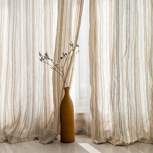 Plain Style Country Southeast Asia Natural Linen Sand Window Screen Vintage Cotton and Linen Famous Style Striped Simple Curtain Gauze Curtain