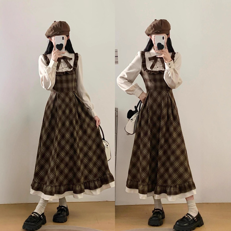 Plus Size Women's Clothing 2025 New Autumn and Winter French Retro Plaid Fake Two-Piece Shirt Long Dress Plus Size Women's Clothing 2025 New Autumn and Winter French Retro Plaid Fake Two-Piece Shirt Long Dress