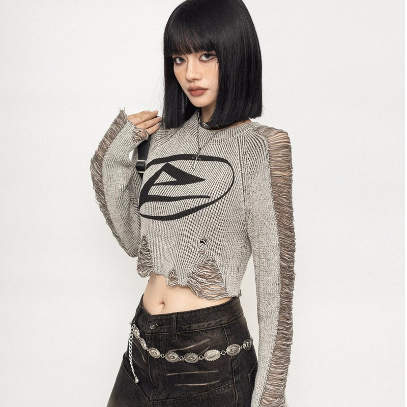 Irregular Fur Edge Knitted Sweater Autumn Design Sweet Cool American Hole Drawing Long Sleeve Short Hot Girl Top Trendy