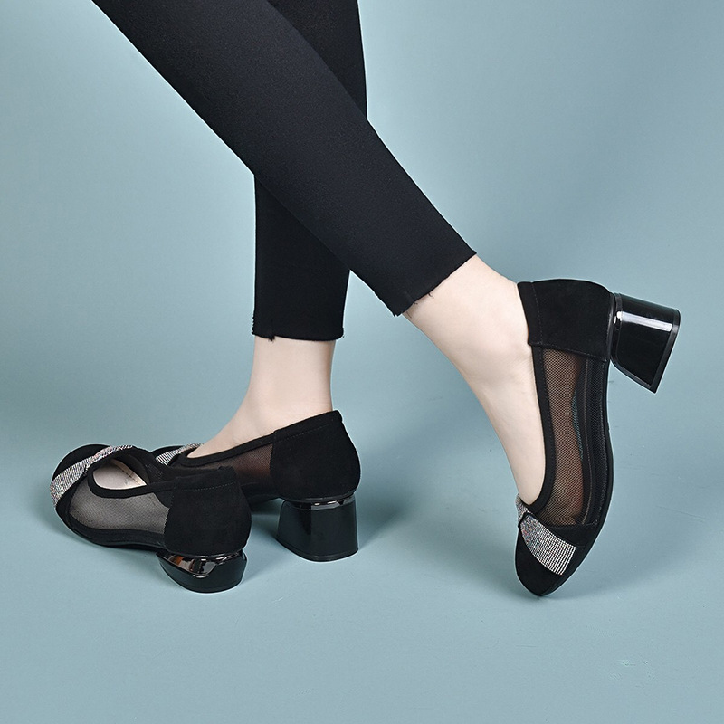 Giày sandal nữ da thật mũi tròn đế mềm gót thô 2.5 cm — Gót đen cao 2.5 cm
