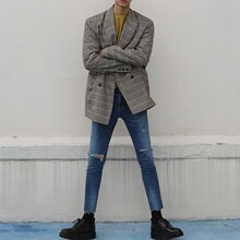 【清仓】秋季韩版男士西装休闲西服外套宽松风衣韩国青年格子大衣