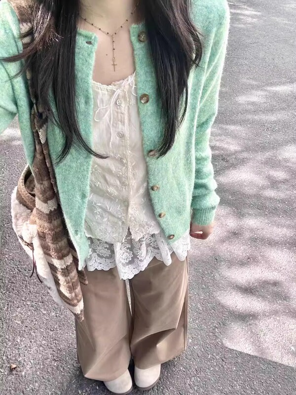 薄荷绿色复古卷边针织开衫毛衣外套女新款春秋季软糯早秋外搭上衣|undefined