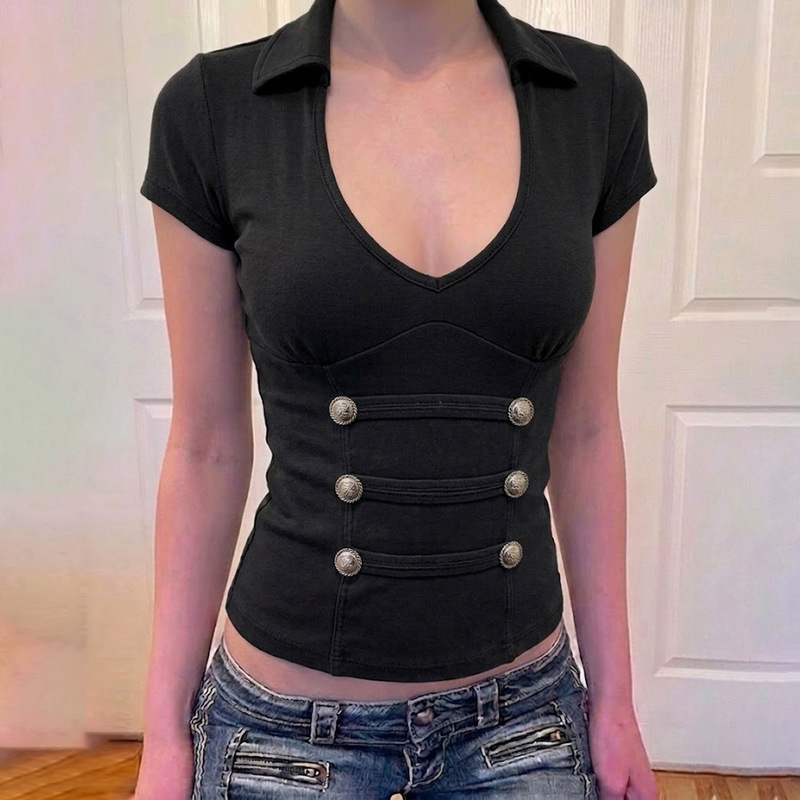 Cross-Border American-Style Spicy Girl Street Fashion Cool Lapel Workwear Metal Button Top Sexy Slim-Fit Short-Sleeve T-Shirt