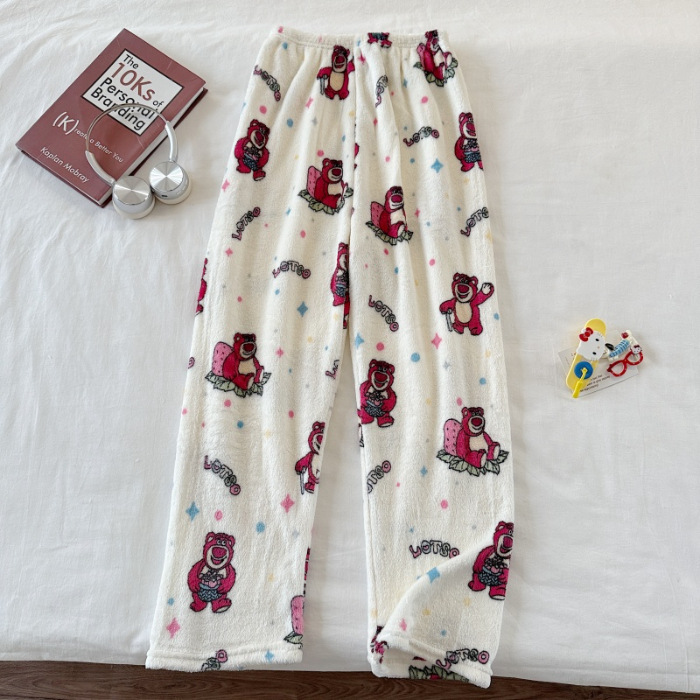 Invierno nuevo pantalones cálidos de franela estilo de caricatura coreano para mujeres más grueso y terciopelo cálido para el hogar pijamas de lana se pueden usar fuera