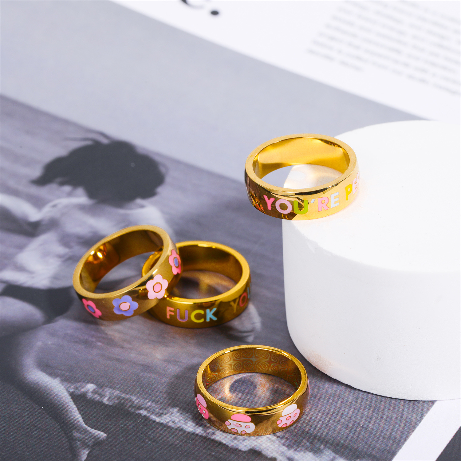 Rings Classification Cute Letter Flower Titanium Steel Enamel Rings