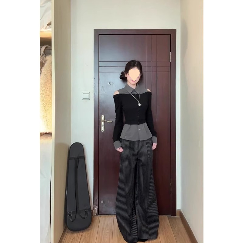 春季美式复古撞色拼接假两件衬衫女春季新款小众收腰修身露肩上衣|undefined
