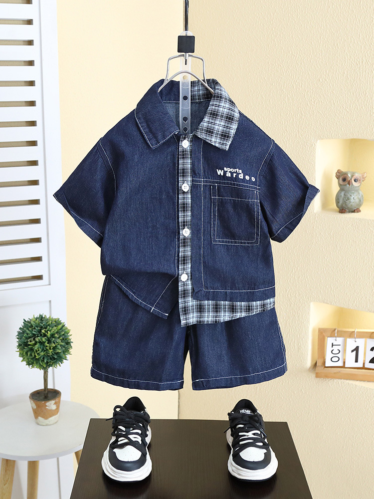 8097 traje de manga corta de mezclilla para niños 2025 nuevo vestido de verano camisa guapa para niños ropa casual de dos piezas de moda
