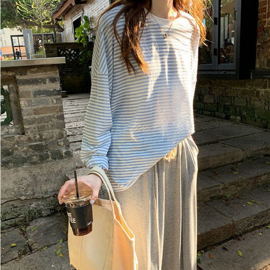 plus size Striped Long-sleeved T-shirt Women's Summer Thin Ice Silk Loose Design Sense Niche Chic Sunscreen Blouse Trendy Top
