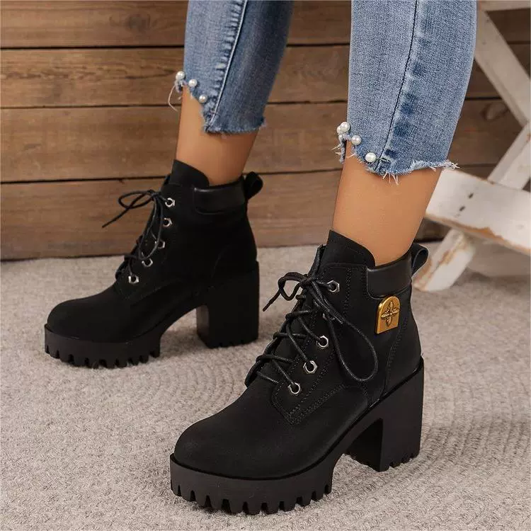 Кроссовки для трансграничной внешнеторговой деятельности, весна 2025, новая модель, передняя шнуровка, 5-отверстные ботинки в стиле Мартин, женские кожаные ботинки на среднем толстом каблуке, Amazon.