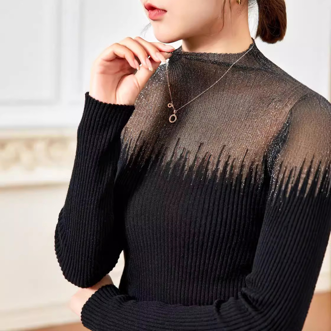 网纱拼接蚕丝羊毛针织打底衫女2025秋季新款高领羊毛上衣内搭毛衣