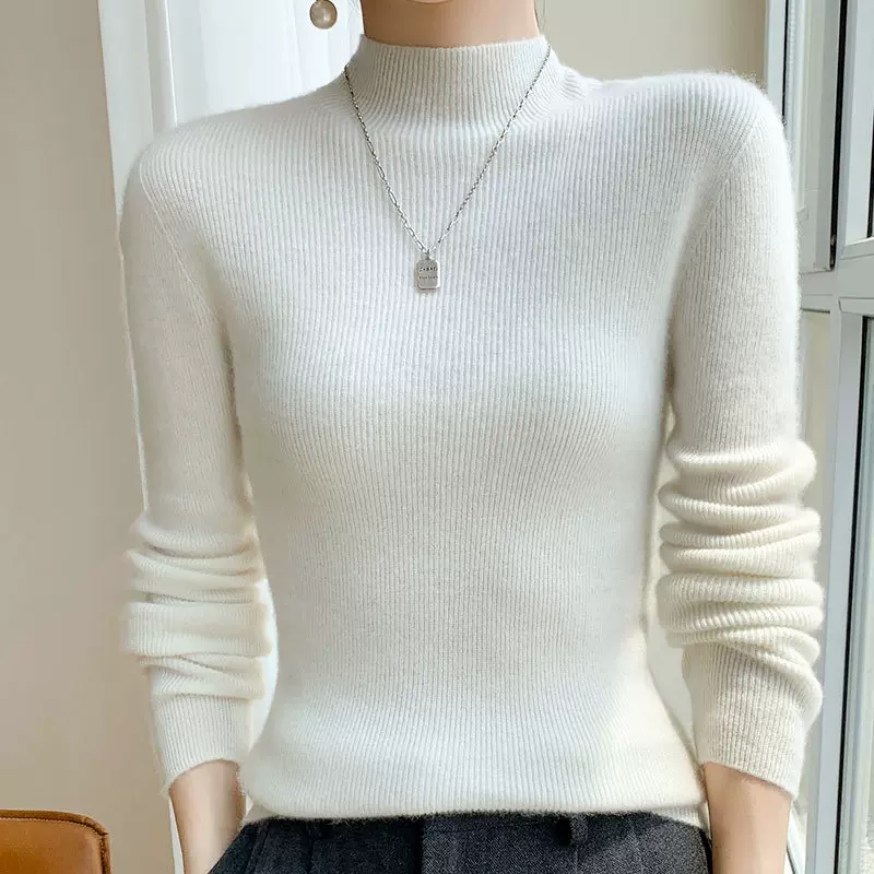 一线成衣无缝100%纯羊毛衫女半高领短款套头毛衣秋冬针织打底衫