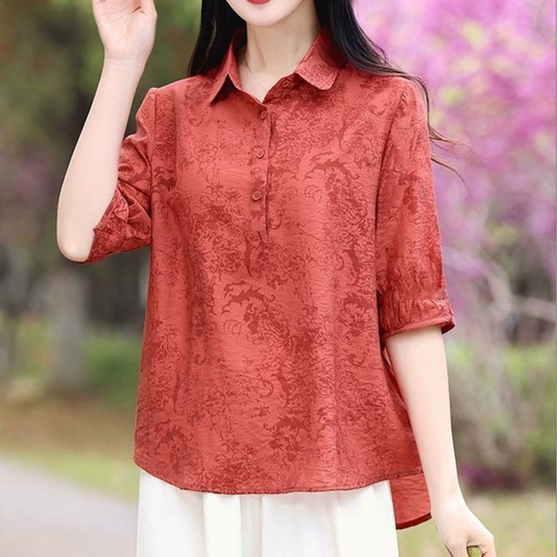 Женский топ новый жаккардовый отворот рубашка иностранная ретро средняя рубашка с рукавами