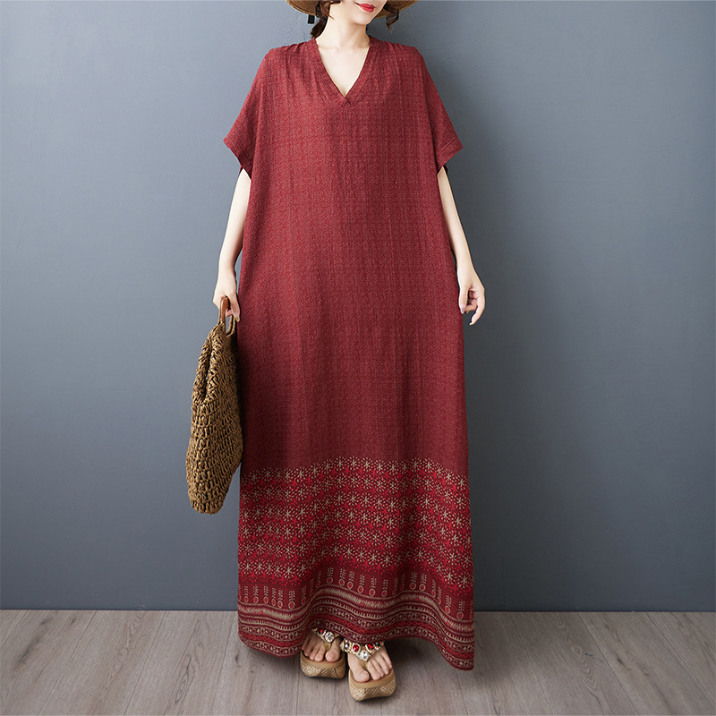 Real Shot of Summer V-Neck Cotton and Linen Large Size Loose Artistic Holiday Style Beach Skirt Retro Flesh-Covering Long Robe Thin