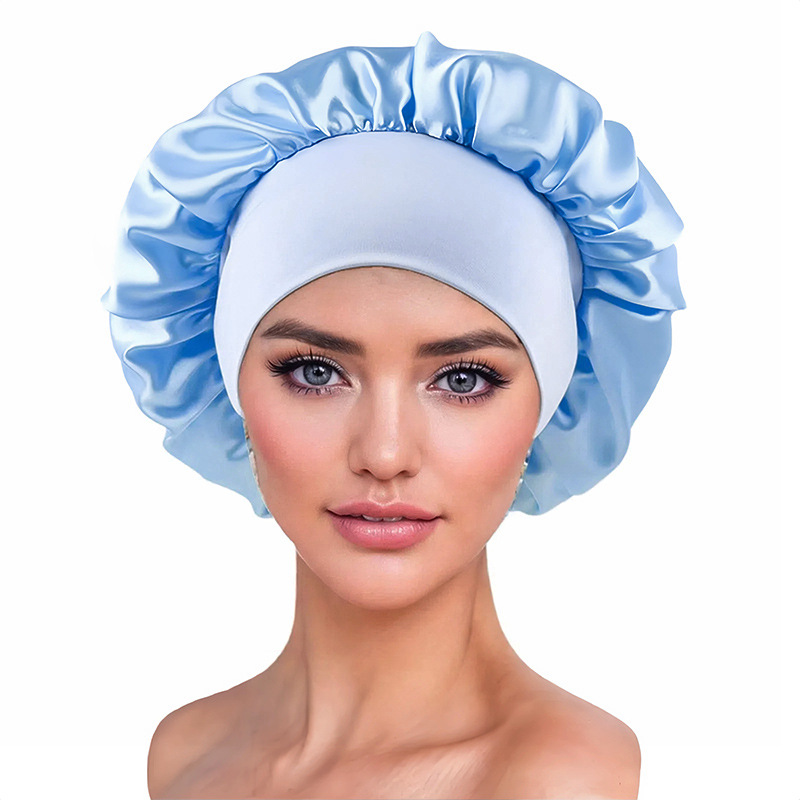 Amazon damas de borde ancho de alto elástico sombrero, sombrero de dormir, sombrero de baño, sombrero de quimioterapia, sombrero de seda, sombrero de cuidado del cabello transfronterizo