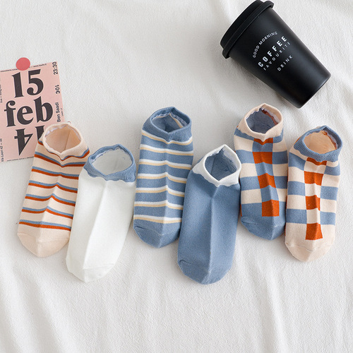 Socks short women's spring and summer new blue fresh thin women's boat socks plaid socks low-cut socks for women