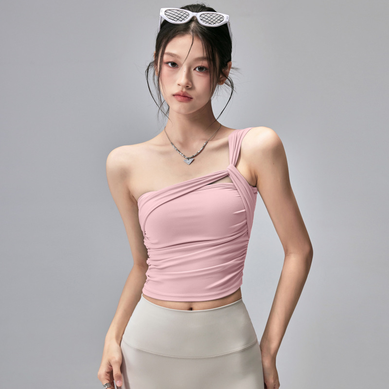 时髦单肩美背瑜伽内衣女固定胸垫防震运动背心健身普拉提训练文胸|undefined