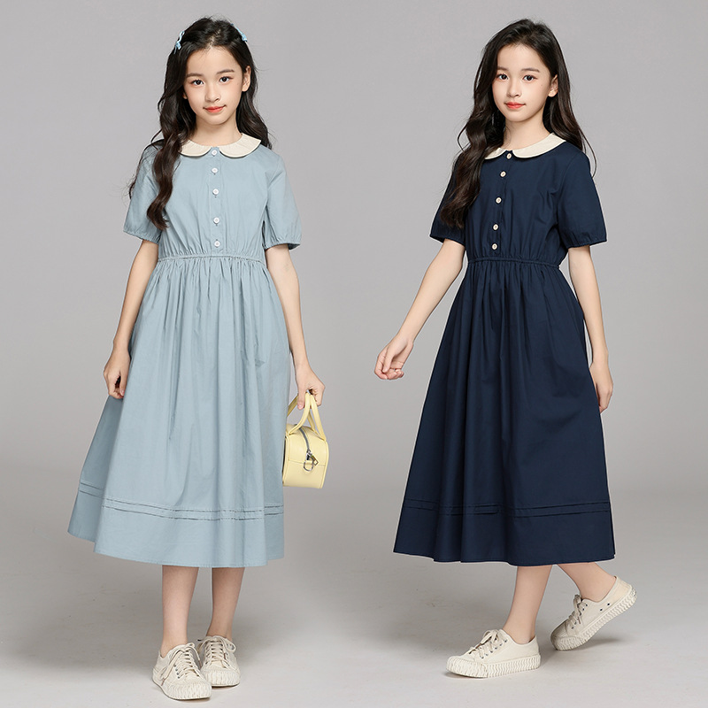 Girls Big Kids Doll Collar Summer dress 2025 New Waist Elegant Skirt Girls College Style Long Skirt
