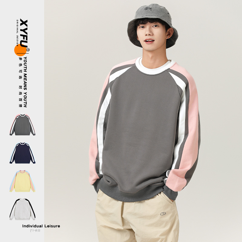 2024 Autumn and Winter New Round Neck Loose Stitching Shoulder Pullover Sweatshirt Men's American Style Retro Casual Sports Style Top