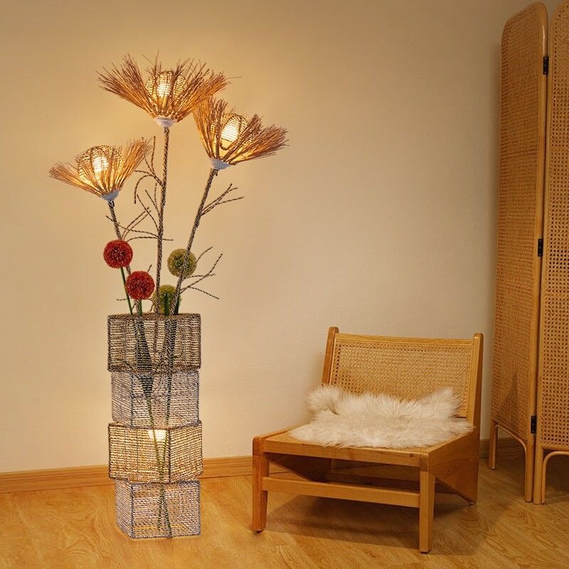 Rattan Floor Lamp Nordic Minimalist Ins Style Living Room Bedroom Balcony Bedside Trendy Homestay Decorative Woven Floor Lamp