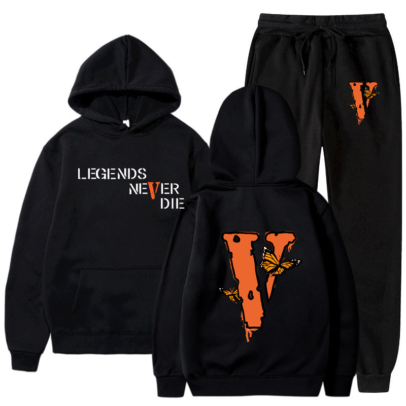 European and American Trendy Brand Vlone Butterfly Sweatshirt Set with Legends Lettering, Loose Fit for Couples, Direct Supply from the Factory
