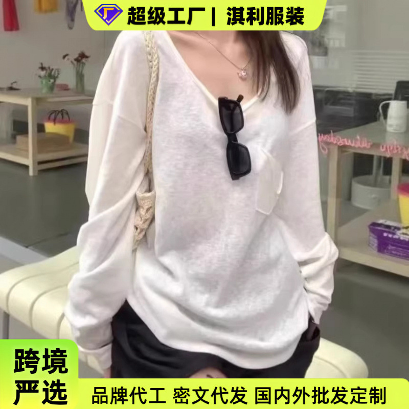 Casual Style White Slightly Sheer U-Neck Long-Sleeve T-Shirt for Women, Spring and Autumn Loose Fit Slimming Cover-Up Top, Available in Bulk Starting from 1 Piece Casual Style White Slightly Sheer U-Neck Long-Sleeve T-Shirt for Women, Spring and Autumn Loose Fit Slimming Cover-Up Top, Available in Bulk Starting from 1 Piece