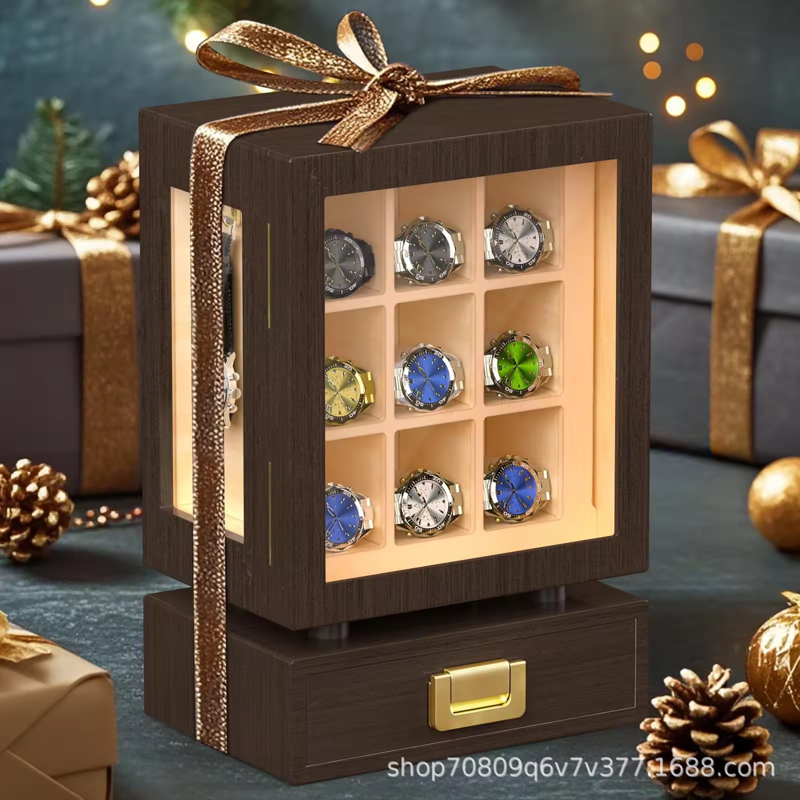 Desktop Watch Organizer Wooden Household Divided Men Wrist Watch Storage Box with Drawer Organizer