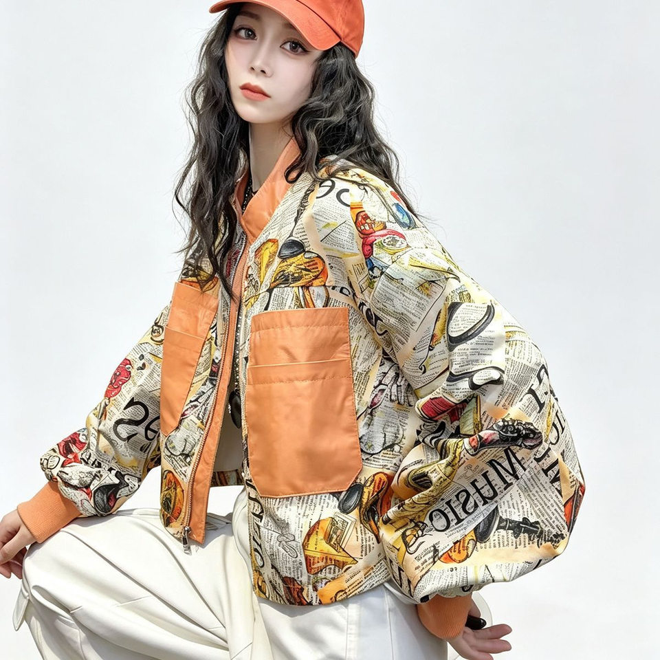 Áo khoác cardigan nữ dáng rộng họa tiết retro in 3D cổ đứng khóa kéo — Màu cam, Màu hồng