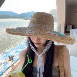 水粉色拉菲草花朵刺绣大帽檐草帽女度假风遮阳帽沙滩防晒太阳帽子