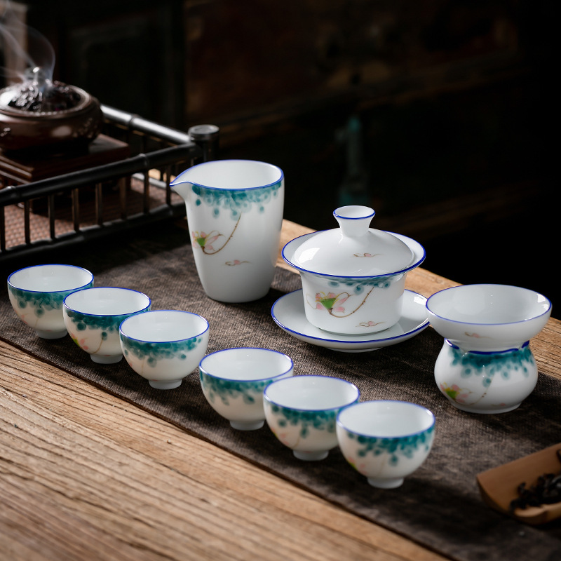 Juego de té de Kung Fu de cerámica de estilo japonés traje de hogar pintado a mano porcelana blanca sancai Tazón de cubierta taza de té tetera