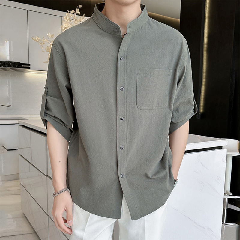 Summer Men's Stand-Up Collar Shirt Cotton and Linen Three-Quarter Short-Sleeved Henry Collar Chinese Style Casual Solid Color Mid-Sleeve Versatile Men's Shirt