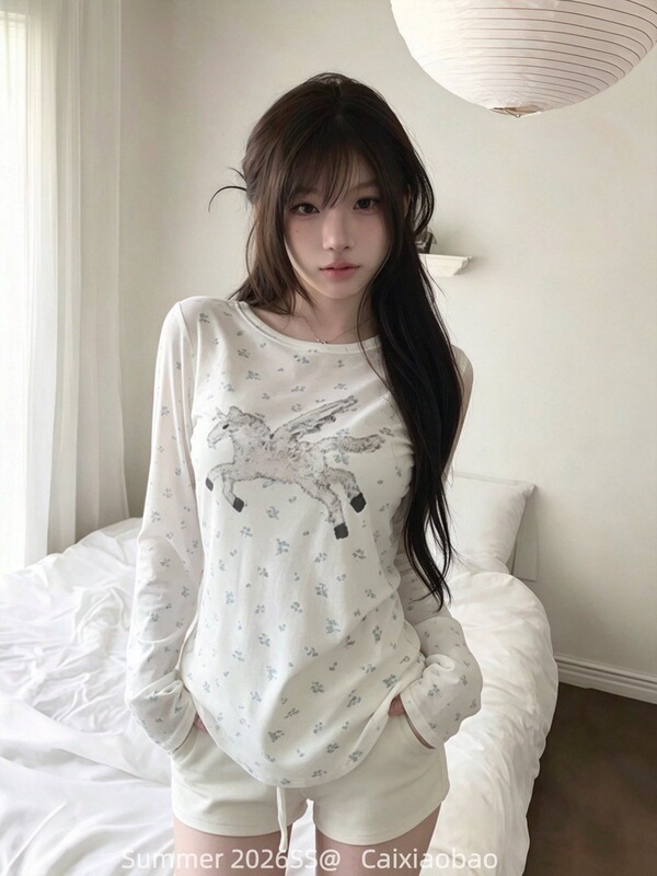 1Laiya 260g Unicorn Print Long Sleeve T-shirt for Women, Early Spring and Autumn, Round Neck, Casual, Small Floral Print, Loose Top 1Laiya 260g Unicorn Print Long Sleeve T-shirt for Women, Early Spring and Autumn, Round Neck, Casual, Small Floral Print, Loose Top