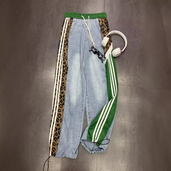 European Leopard Print Jeans Women's 2024 Autumn New Style Design Sense AB Side Side Loop Waist Straight Pants Trendy