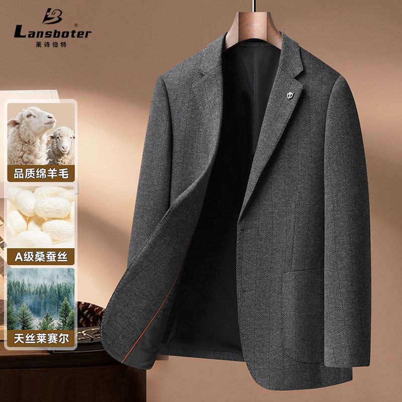 Áo vest nam dáng ôm pha len lông cừu, lụa tơ tằm và Lyocell, một hàng hai cúc, tay dài — màu xám