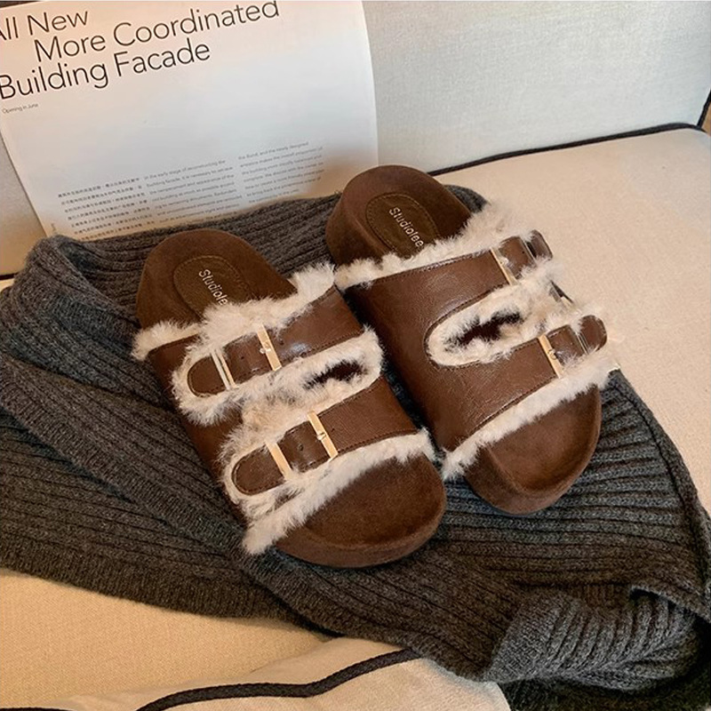 Madre de uva ~ doble botón con una parte inferior gruesa perezosa de dedos de pelo abiertos zapatillas de invierno para mujeres