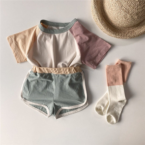 Korean style summer suit for infants and toddlers, simple casual contrasting color patchwork short-sleeved T-shirt + shorts cotton baby two-piece set