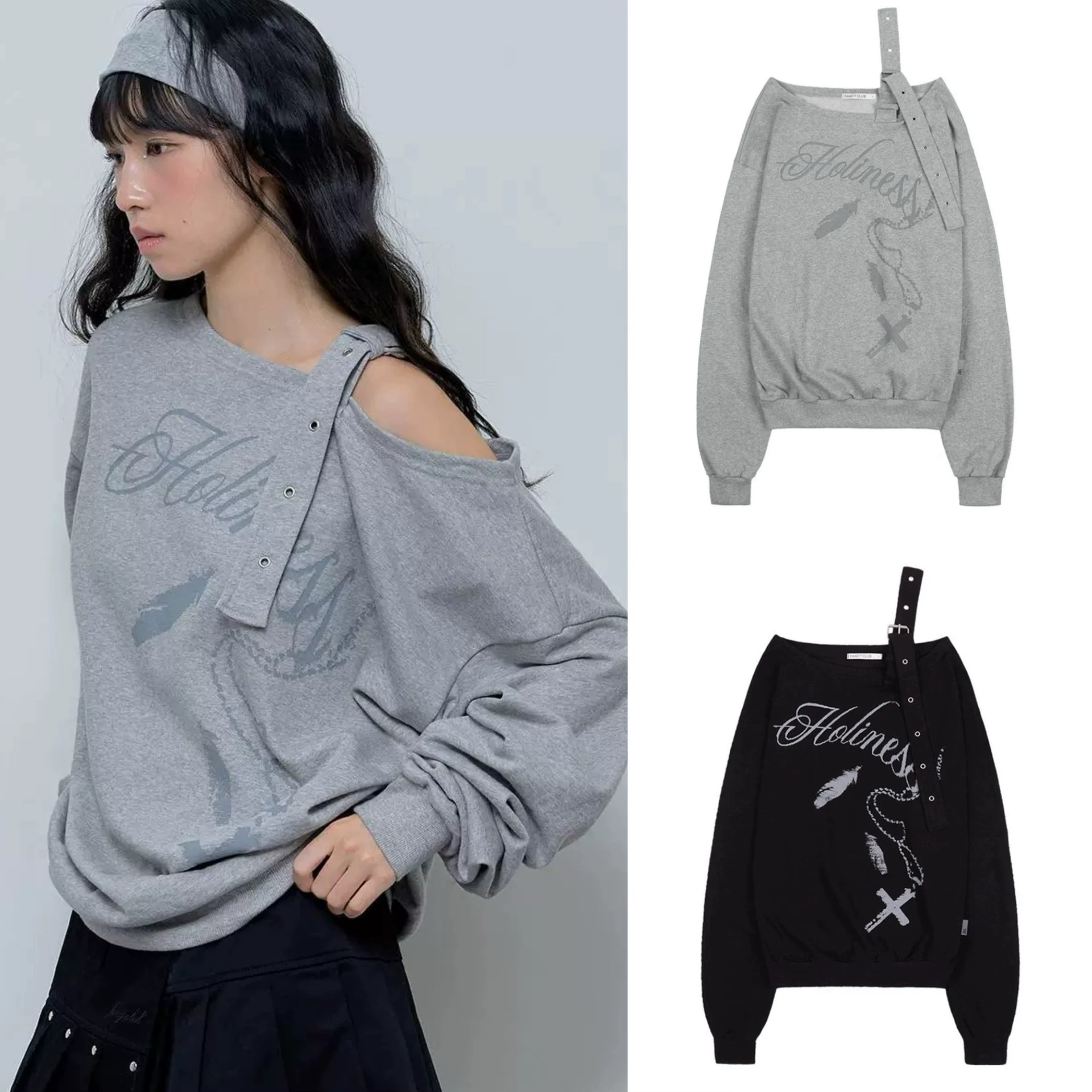 South Korea Designer 2025 Early Spring Spice Girls Harajuku Printed Asymmetrical off-the-shoulder Crossover Strap Sweat Women's Top