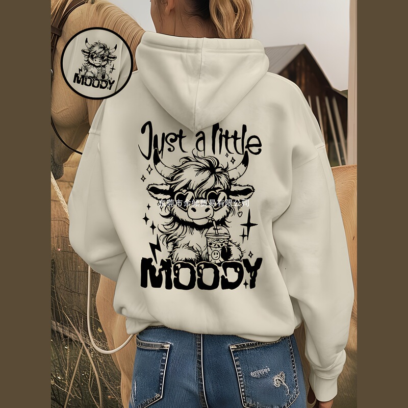 Casual Letter and Cartoon Western Cow Pattern Print Hoodie, Drawstring Casual Hooded Pocket Sweatshirts, Casual Letter and Cartoon Western Cow Pattern Print Hoodie, Drawstring Casual Hooded Pocket Sweatshirts,