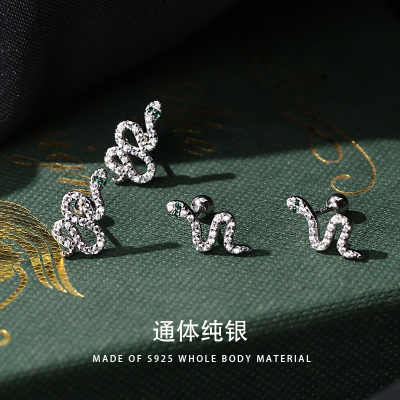 S925銀迷你蛇蛇小耳釘女歐美個性鑲鑽耳骨釘螺絲擰扣耳環純銀批發