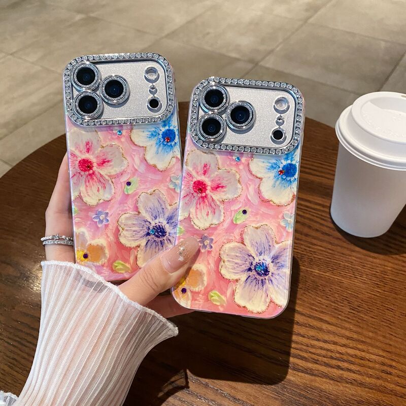 Blue Light Resin Rhinestone Suitable for iPhone 17 Phone Case, Japanese and Korean Gradient Oil Painting Flower Design, Apple 16 Protective Cover for Women Blue Light Resin Rhinestone Suitable for iPhone 17 Phone Case, Japanese and Korean Gradient Oil Painting Flower Design, Apple 16 Protective Cover for Women