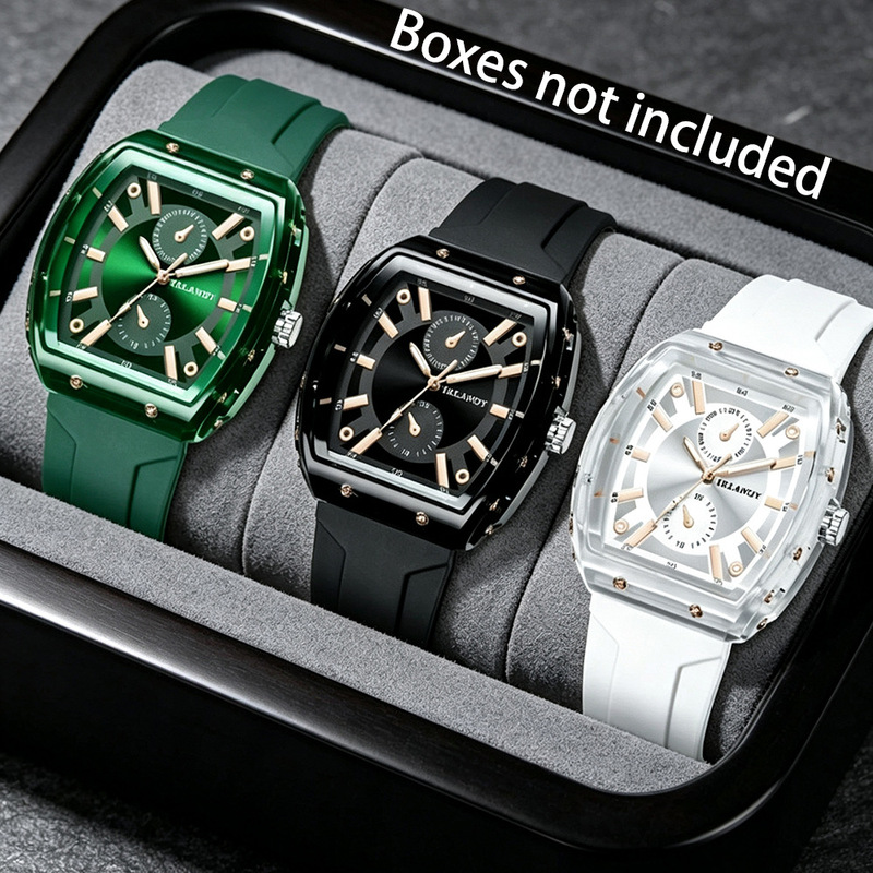 New cross-border transparent barrel-shaped men's watch, fashionable and versatile, with silicone strap, men's quartz watch