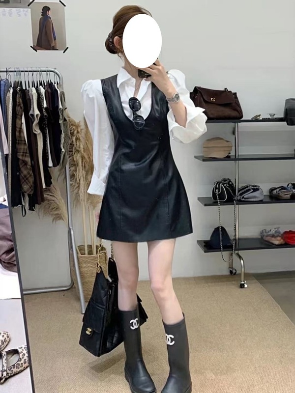 套装女2025秋新款法式气质设计感长袖衬衫收腰显瘦背心皮裙连衣裙|undefined