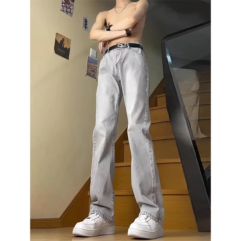 烟灰色牛仔裤男款春秋款2025新款夏季美式高街裤子修身直筒微喇裤|undefined