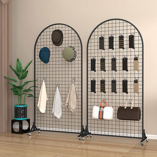 Round Floor-Standing Shelf Grid Mobile Supermarket Rack Jewelry Hanging Net Work Display Socks Iron Grid Storage