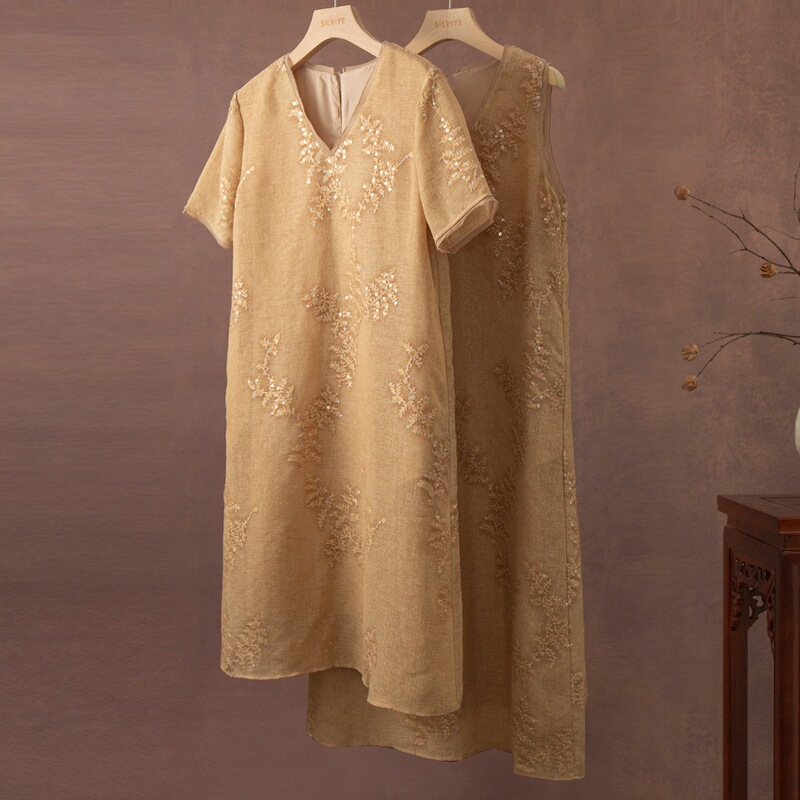 Cooling Linen Sequin Beaded Embroidered Dress with a Stylish V-Neck, Fashionable and Elegant, Age-Reducing A-Line Dress for Summer Cooling Linen Sequin Beaded Embroidered Dress with a Stylish V-Neck, Fashionable and Elegant, Age-Reducing A-Line Dress for Summer
