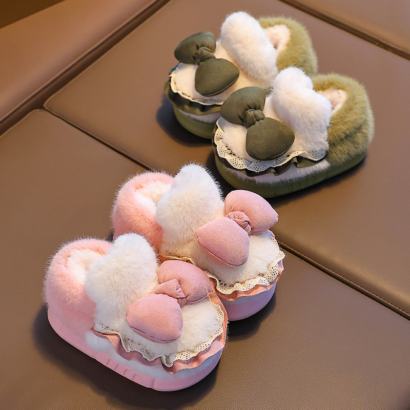 Zapatillas de algodón para niños tacones de invierno cálidos bolsas de arco casero tacones de EVA fondo antideslizante zapatos de algodón de lana para bebés