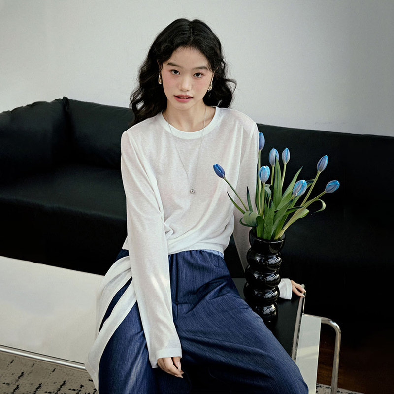 Lyocell White Asymmetrical Long-Sleeve T-Shirt Blouse for Women, 2026 Summer New Style, Inner Layer, Base Layer, Elegant Thin Top