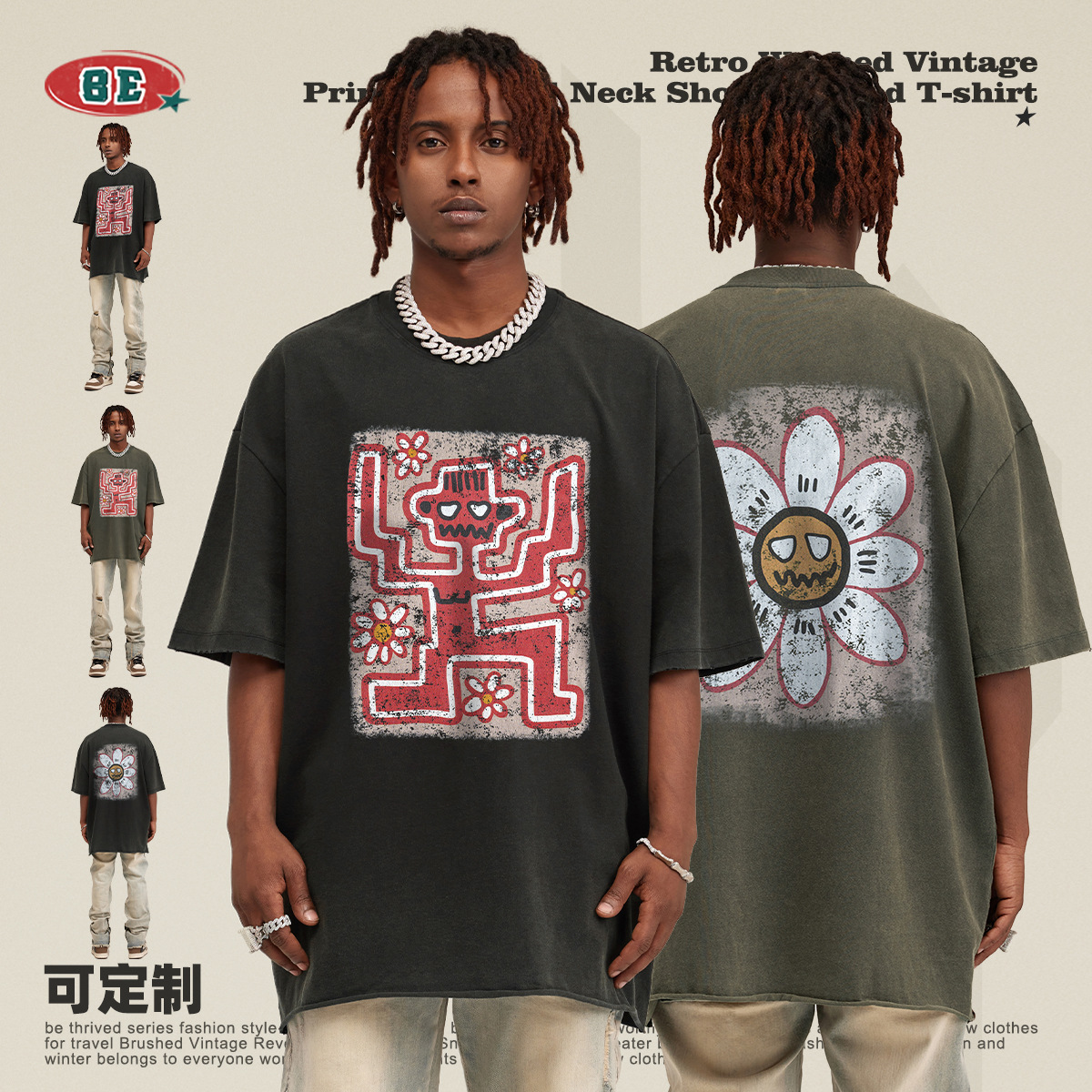 BE Men's Clothing 2025 Retro Washing and Fun Printed Short Sleeve Vintage Street Trendy Brand Short Sleeve T-Shirt Summer