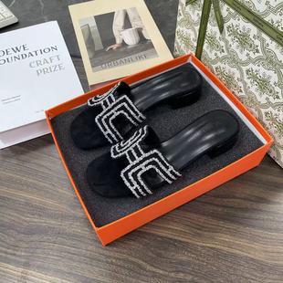 Factory Cross-Border Export Slippers for Women New 2024 Summer Rhinestone One-Strap Casual High-Heeled Sandals