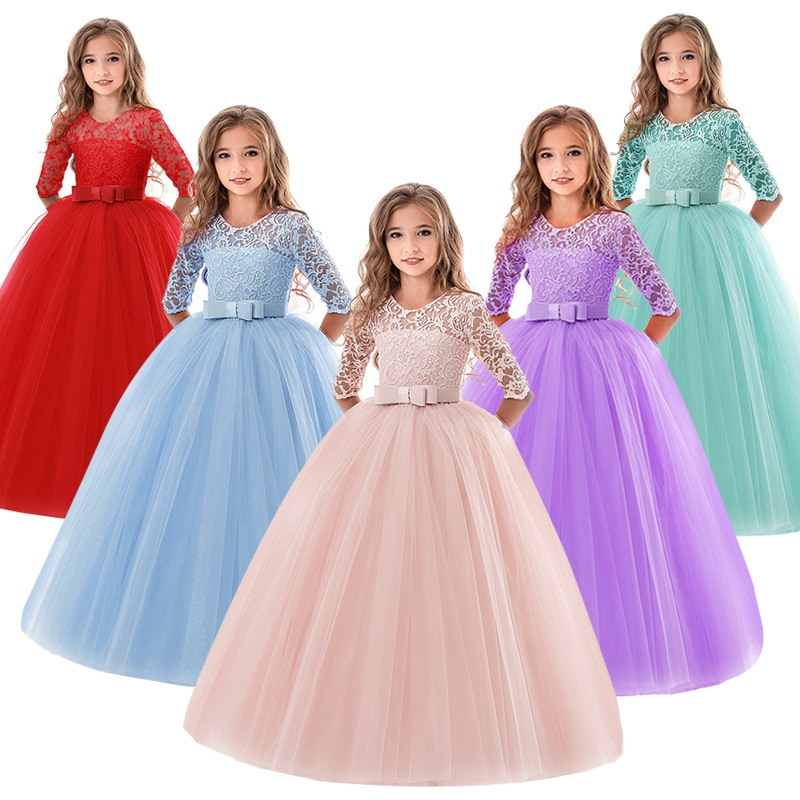 thumbnail image 2 of Vestido de niña Vestido de princesa de encaje de manga larga Vestido largo de tamaño de anfitrión de niña, 2 of 5