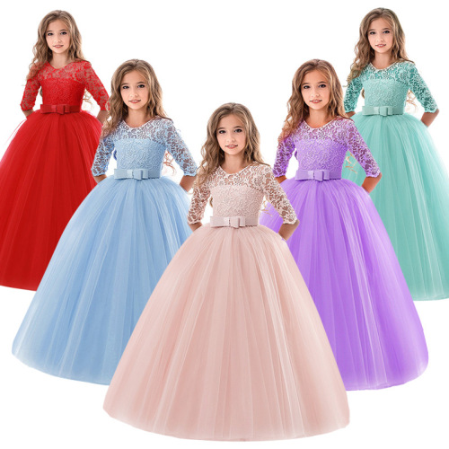 Winter and Spring New Women's Children's Dress Long Sleeve Lace Princess Dress Girl Host Performance Costume European and American Long Dress